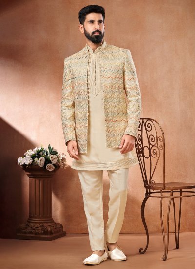 Art Banarasi Silk Cream and Multi Colour Embroidered Jodhpuri Suit