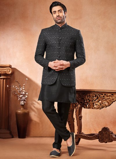 Art Banarasi Silk Embroidered Jodhpuri Suit in Black