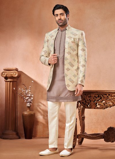 Art Banarasi Silk Embroidered Jodhpuri Suit in Cream and Multi Colour