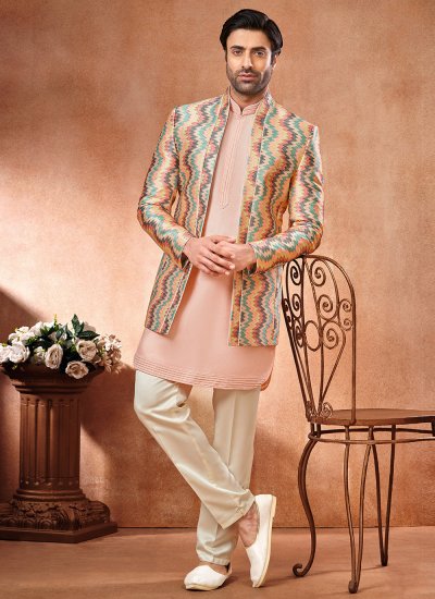 Art Banarasi Silk Embroidered Jodhpuri Suit in Peach