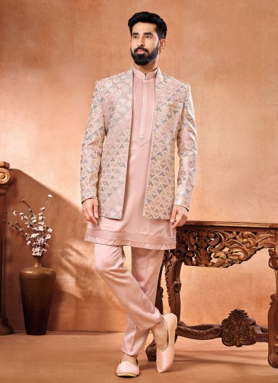 Art Banarasi Silk Embroidered Multi Colour and Pink Jodhpuri Suit