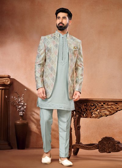 Art Banarasi Silk Grey and Multi Colour Jodhpuri Suit