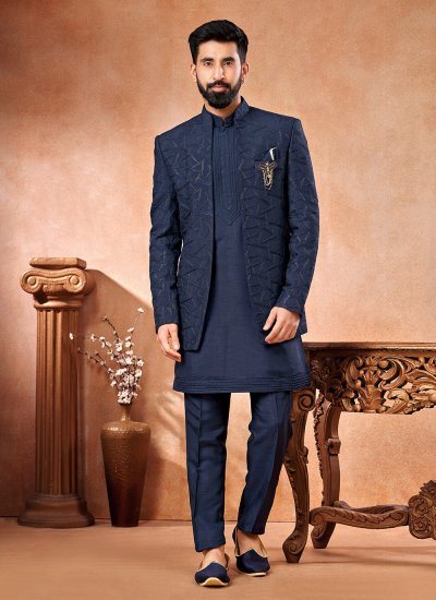 Art Banarasi Silk Jodhpuri Suit in Navy Blue