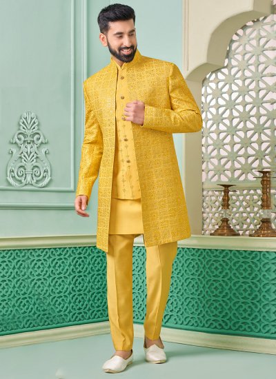 Art Banarasi Silk Mirror Indo Western in Yellow