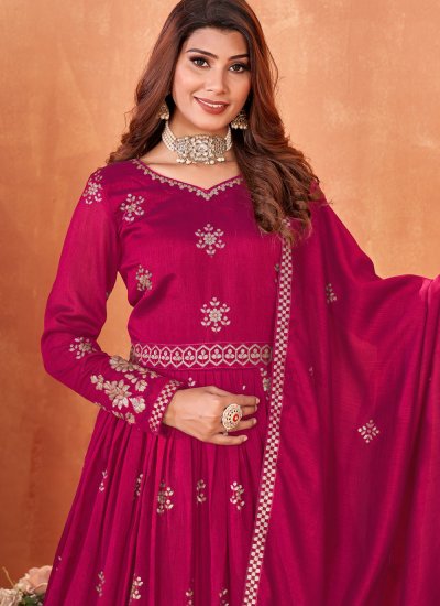 Art Silk Embroidered Trendy Salwar Suit in Hot Pink