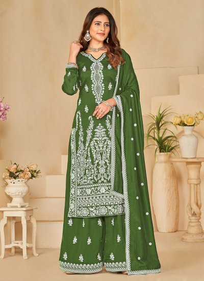 Art Silk Green Embroidered Designer Salwar Kameez