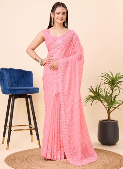 Artistic Pink Sequins Classic Saree