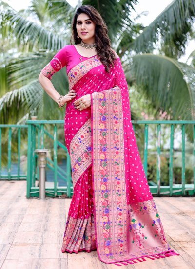 Aspiring Pink Weaving Silk Contemporary Saree