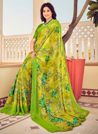 Aspiring Printed Green Chiffon Trendy Saree