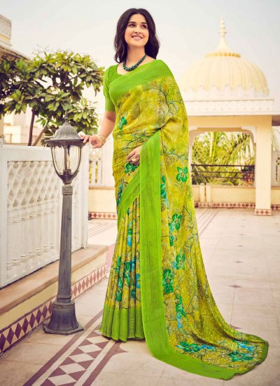 Aspiring Printed Green Chiffon Trendy Saree