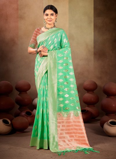 Astonishing Weaving Sea Green Designer Traditional Saree