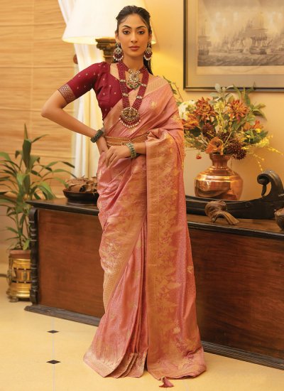 Astonishing Woven Pink Satin Contemporary Saree