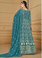 Astounding Embroidered Faux Georgette Turquoise Salwar Kameez