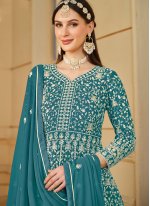 Astounding Embroidered Faux Georgette Turquoise Salwar Kameez