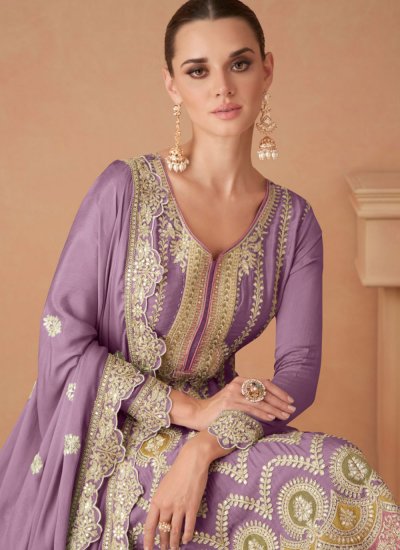 Astounding Lavender Chinon Trendy Salwar Kameez