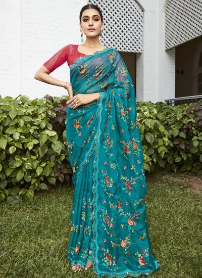 Attractive Organza Embroidered Teal Classic Saree