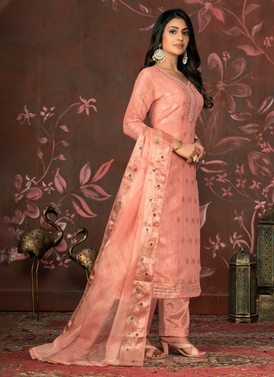 Auspicious Handwork Organza Peach Trendy Salwar Suit