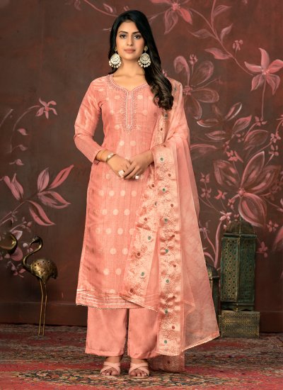 Auspicious Handwork Organza Peach Trendy Salwar Suit