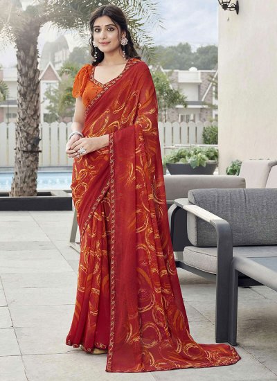 Awesome Printed Georgette Red Classic Saree