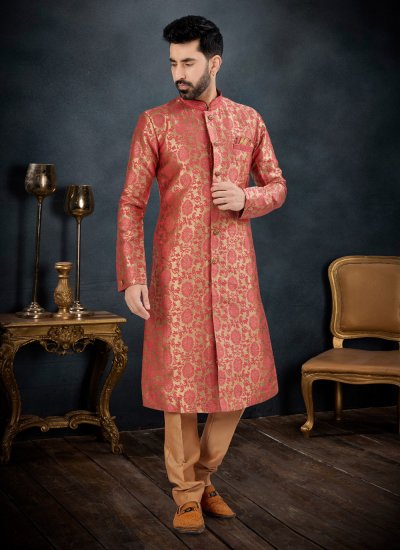 Banarasi Jacquard Embroidered Kurta Pyjama in Hot Pink