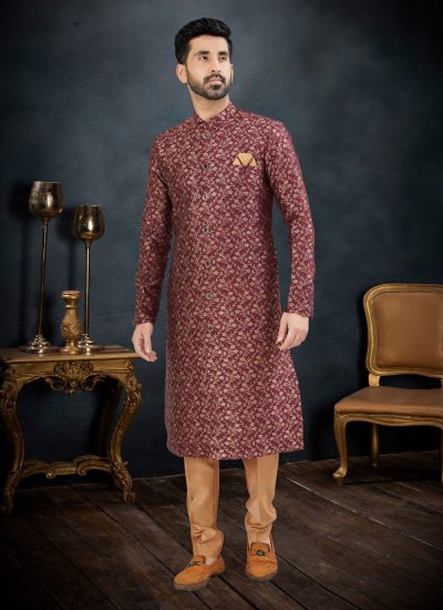 Banarasi Jacquard Embroidered Kurta Pyjama in Maroon