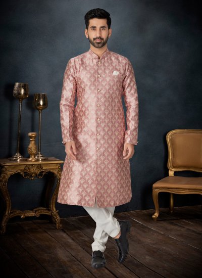 Banarasi Jacquard Embroidered Kurta Pyjama in Mauve 