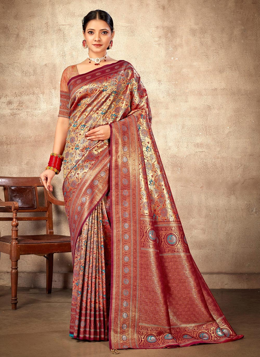 Buy HOUSE OF BEGUM Wine Banarasi Handloom Satin Silk Saree With Embroidery  Work with Blouse Piece | Shoppers Stop