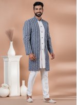 Banarasi Silk Navy Blue and White Embroidered Indo Western