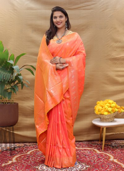 Banarasi Silk Orange Woven Trendy Saree