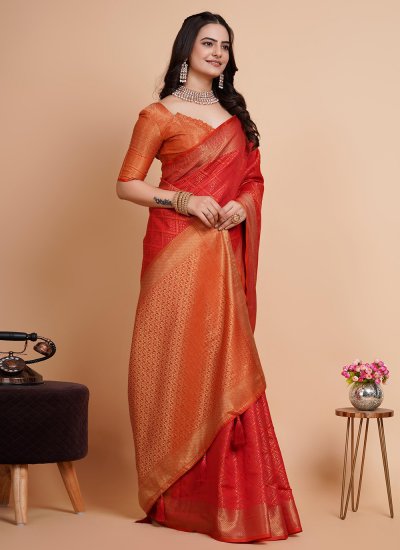 Banarasi Silk Red Woven Trendy Saree