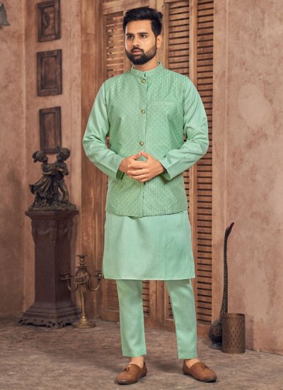 Banglori Silk Sea Green Sequins Kurta Payjama With Jacket