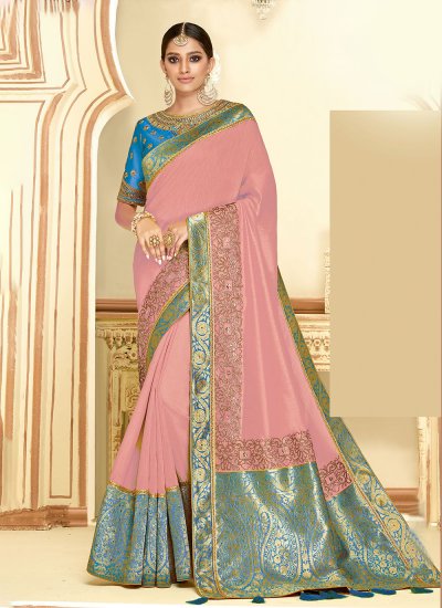 Baronial Embroidered Pink Satin Silk Classic Saree