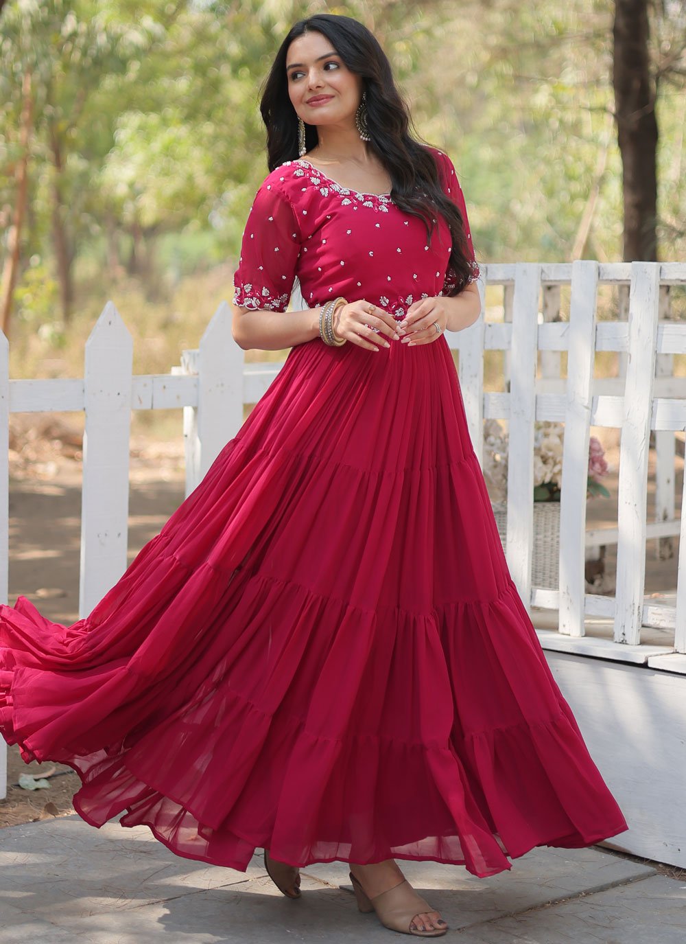 Beads Faux Georgette Readymade Gown in Rani -