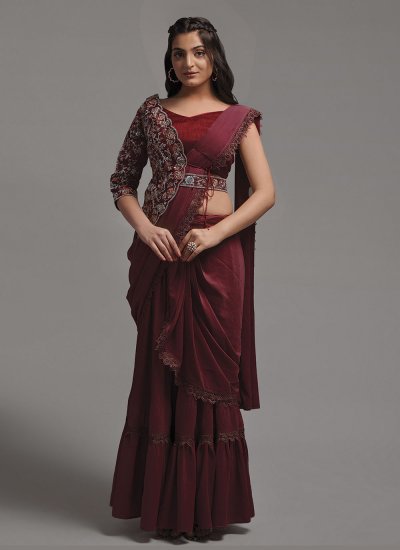 Beauteous Georgette Maroon Embroidered Designer Traditional Saree