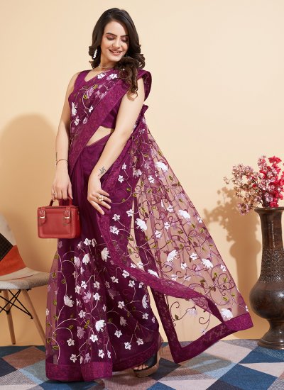 Beauteous Wine Embroidered Traditional Saree