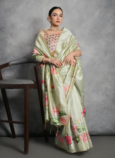 Bedazzling Tussar Silk Printed Green Classic Saree
