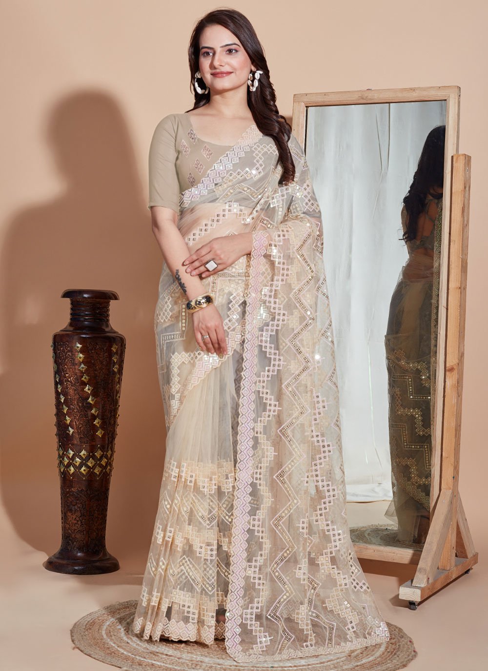 Outstanding Embroidered White Contemporary Saree