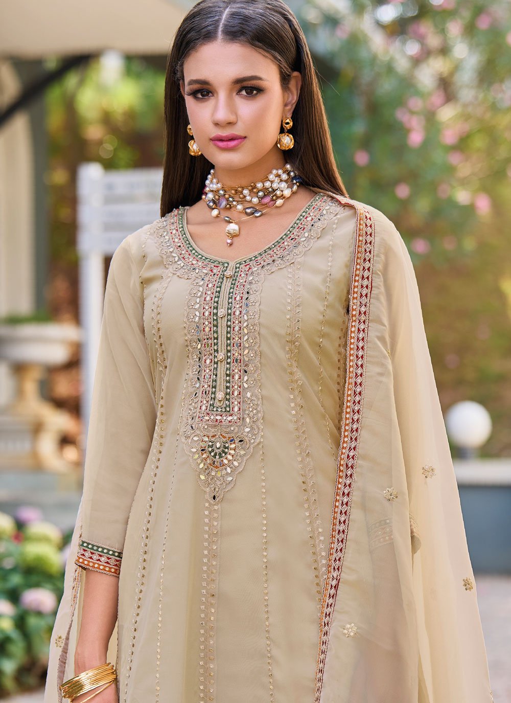 Beige Shimmer Engagement Punjabi Suit -