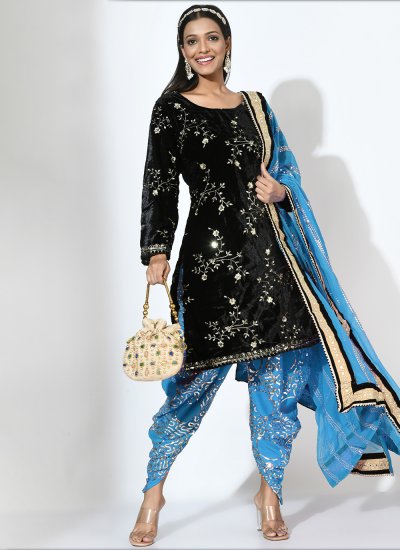 Black and Blue Ceremonial Velvet Patiala Salwar Kameez
