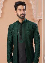 Black and Green Banarasi Silk Machine Embroidery  Indo Western Sherwani