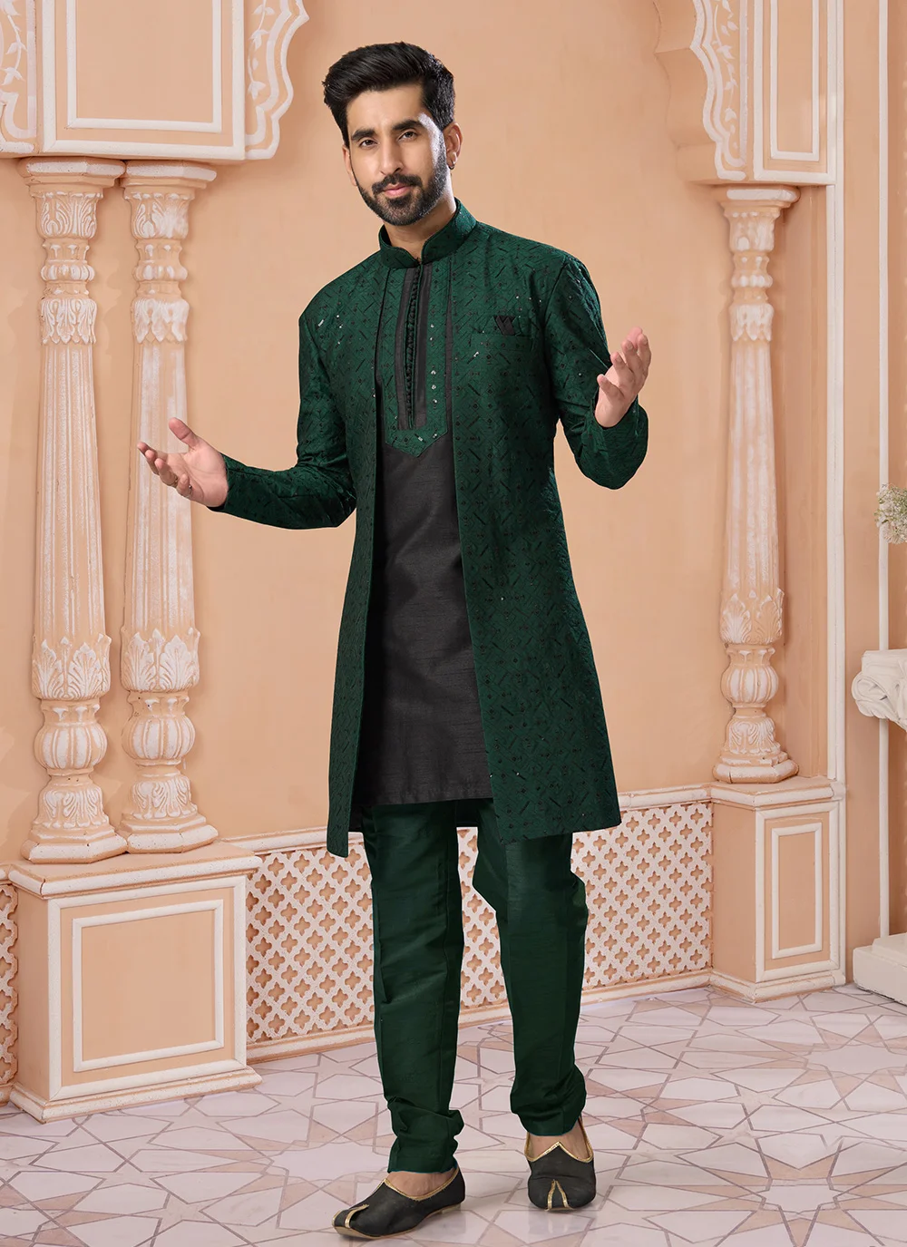 Black and Green Banglori Silk Sangeet Indo Western Sherwani