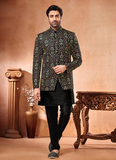Black and Multi Colour Embroidered Jodhpuri Suit