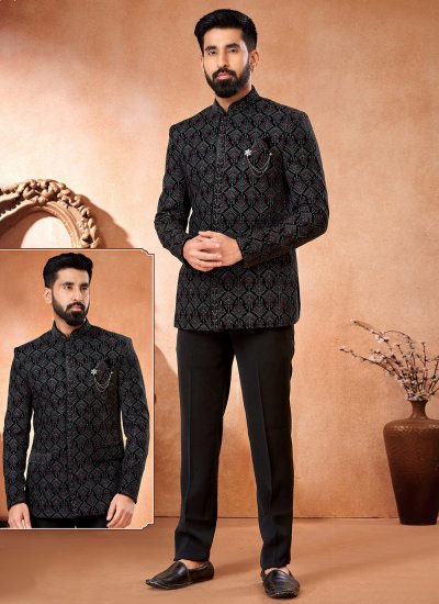 Black and Multi Colour Embroidered Velvet Jodhpuri Jacket