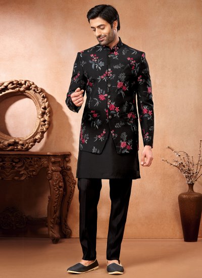 Black and Multi Colour Reception Art Banarasi Silk Jodhpuri Suit