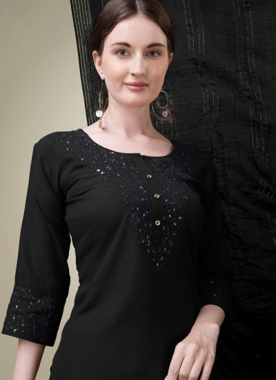 Black Blended Cotton Embroidered Salwar Suit