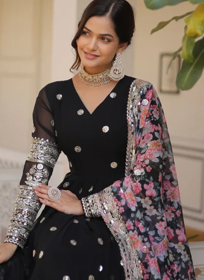 Black Embroidered Engagement Readymade Gown