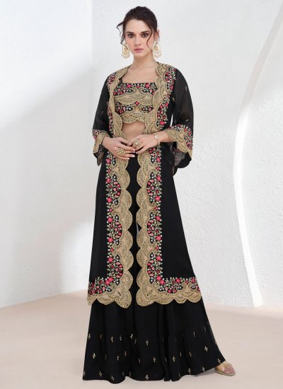 Black Embroidered Georgette Jacket Style Salwar Kameez