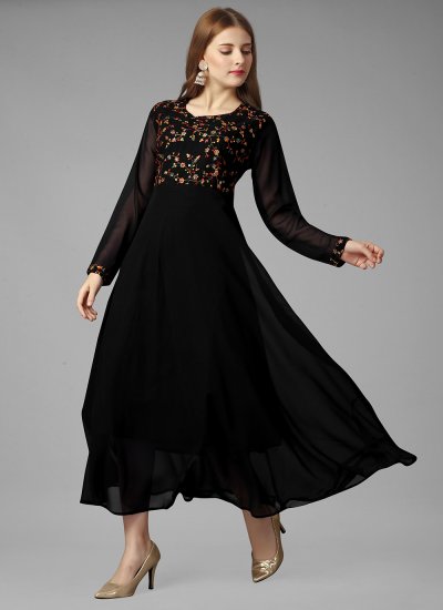 Black Embroidered Trendy Gown