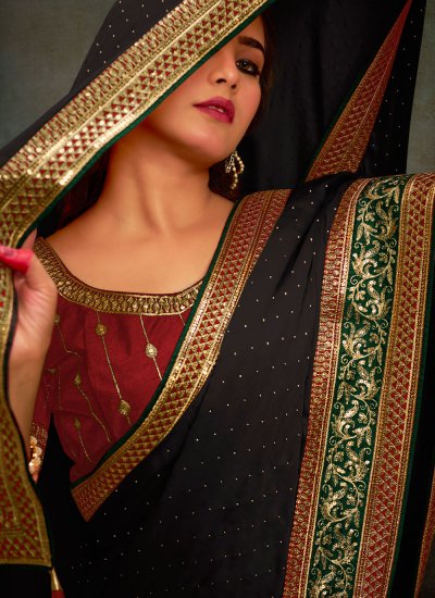 Black Satin Silk Contemporary Style Saree