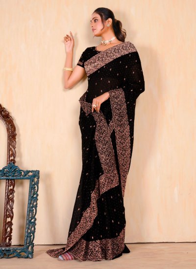 Black Vichitra Silk Ceremonial Designer Saree